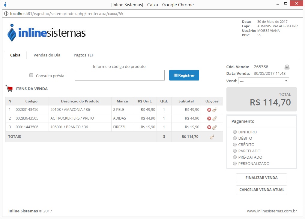 Tela do sistema IS Gestão de Varejo